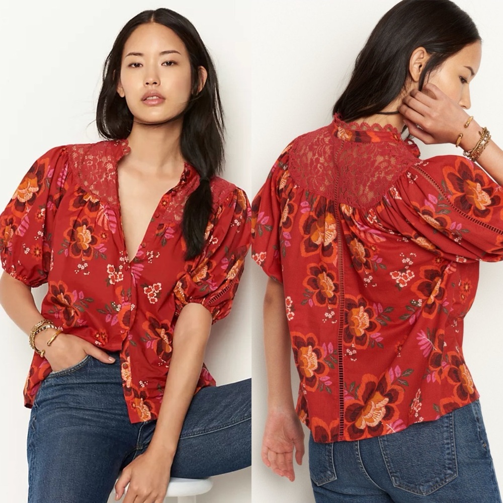 Anthropologie / Farm Rio Giustina Lace Blouse in Red Motif